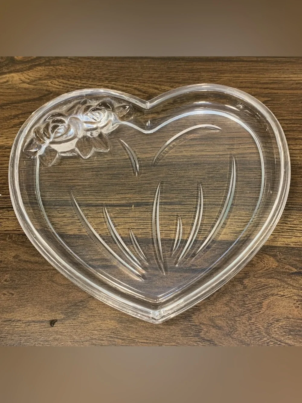 Glass Heart-Shaped Trinket Dish Ring Tray 6x6 Etched Roses Elegant Glassware